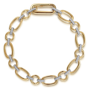 Gabriel & Co. TB4931M45JJ 14 karat white and yellow gold Contemporary bracelet, front view of alternating oval and round links with diamond bars, an oval closure link at the top