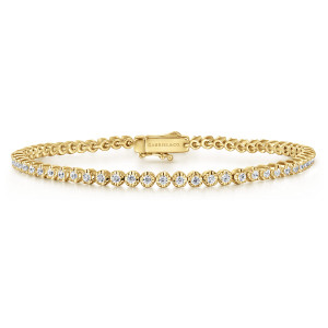 Gabriel & Co. TB4954Y45JJ 14 karat yellow gold Lusso bracelet, front view of the tennis line with a box clasp and maker's mark at the top
