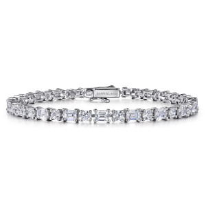 Gabriel & Co. TB4963W84JJ 18 karat white gold Lusso bracelet, front view of alternating rectangular and round stones with a box clasp bearing a maker's mark