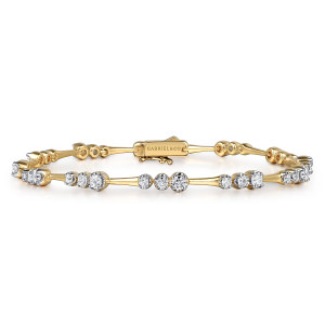 Gabriel & Co. TB4965Y45JJ 14 karat yellow gold Contemporary bracelet, front view of flared bars alternating with graduated diamond groups beside a box clasp