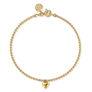 Gabriel & Co. TB4999Y4JJJ 14 karat yellow gold Bujukan bracelet, front view of a ball chain with one heart charm and a spring ring clasp at the top