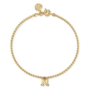 Gabriel & Co. TB5001M-Y4JJJ 14 karat yellow gold Bujukan bracelet, front view of a loop of ball chain with a spring ring clasp and a hanging letter