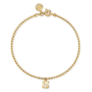 Gabriel & Co. TB5001S-Y4JJJ 14 karat yellow gold Bujukan bracelet, front view of the polished bead loop with the letter S below and a spring ring clasp above