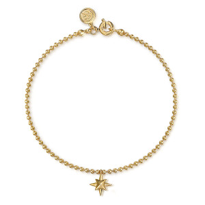 Gabriel & Co. TB5002Y4JJJ 14 karat yellow gold Bujukan bracelet, front view of the looped bead chain with a hanging star, a spring ring clasp and a tag