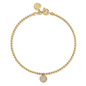 Gabriel & Co. TB5003Y4JWS 14 karat yellow gold Bujukan bracelet, front view of the bead strand looped with a disc charm, spring ring and round maker's tag