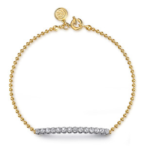 Gabriel & Co. TB5004M4JWS 14 karat white and yellow gold Bujukan bracelet, front view of a ball chain with a straight stone bar and a spring ring clasp