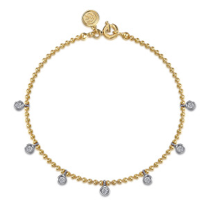 Gabriel & Co. TB5005M4JWS 14 karat white and yellow gold Contemporary bracelet, front view of a ball chain with bezel drops spaced along it and a spring ring clasp
