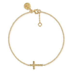 Gabriel & Co. TB5006Y4JJJ 14 karat yellow gold Bujukan bracelet, front view of a sideways beaded cross on a fine chain with a lobster clasp