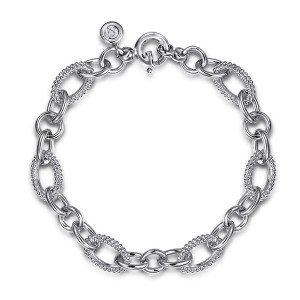 Gabriel & Co. TB5013-75SVJJJ sterling silver Bujukan bracelet, front view of a looped link chain with a spring ring clasp and a maker's tag