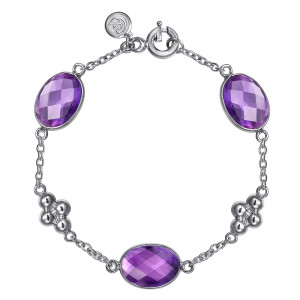 Gabriel & Co. TB5064SVJAM sterling silver Bujukan bracelet, front view of purple oval stones and bead clusters on a fine chain, with a spring ring clasp