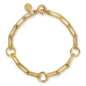 Gabriel & Co. TB5065Y4JJJ 14 karat yellow gold Contemporary bracelet, front view of the loop of paperclip links and round rings, a spring ring clasp and maker's tag