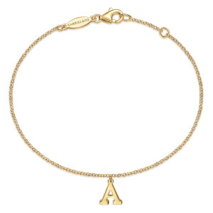 Gabriel & Co. TB5073A-Y4JJJ 14 karat yellow gold Contemporary bracelet, front view of the chain loop with the polished letter A at the base and lobster clasp