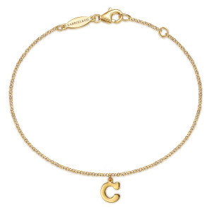 Gabriel & Co. TB5073C-Y4JJJ 14 karat yellow gold Contemporary bracelet, front view of the chain in a loop with the letter C below, lobster clasp and extra ring