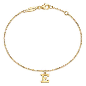 Gabriel & Co. TB5073E-Y4JJJ 14 karat yellow gold Contemporary bracelet, front view of the loop with a lobster clasp, an oval maker's tag and the hanging letter