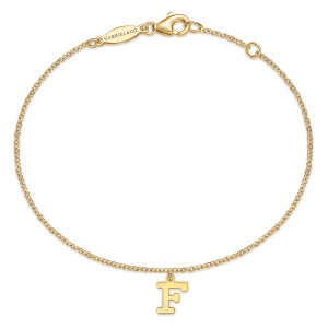 Gabriel & Co. TB5073F-Y4JJJ 14 karat yellow gold Contemporary bracelet, front view of the chain loop with the lobster clasp above and the letter F below