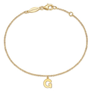 Gabriel & Co. TB5073G-Y4JJJ 14 karat yellow gold Contemporary bracelet, front view of the chain loop with a hanging letter G, lobster clasp and oval maker's tag