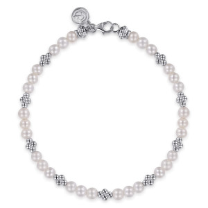 Gabriel & Co. TB5118SVJPB sterling silver Bujukan bracelet, front view of a pearl strand with clover shaped metal bead clusters and a lobster clasp