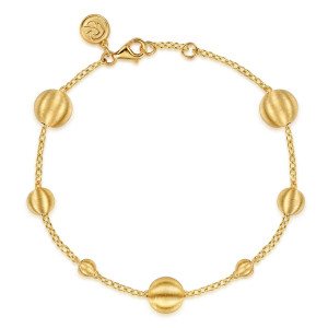 Gabriel & Co. TB5133Y4JJJ 14 karat yellow gold Bujukan bracelet, front view of the loop with grooved balls on a fine chain and a lobster clasp
