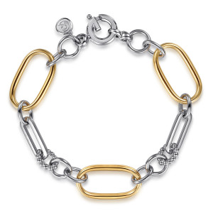 Gabriel & Co. TB5196-75MZJJJ sterling silver and 14 karat yellow gold Bujukan bracelet, front view of mixed oval and paperclip links with a spring ring clasp and maker's tag