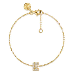 Gabriel & Co. TB5215E-Y45JJ 14 karat yellow gold Lusso bracelet, front view of the looped chain with a diamond letter E, lobster clasp and extender chain