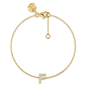 Gabriel & Co. TB5215F-Y45JJ 14 karat yellow gold Lusso bracelet, front view of the chain loop with the letter F at the bottom and a lobster clasp above