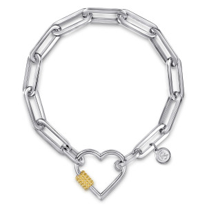 Gabriel & Co. TB5254-75MZJJJ sterling silver and 14 karat yellow gold Bujukan bracelet, front view of a loop of elongated links closing at an open heart with a beaded barrel