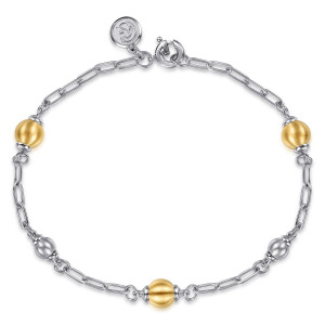 Gabriel & Co. TB5260-7MZJJJ sterling silver and 14 karat yellow gold Bujukan bracelet, front view of the beaded chain looped flat, a maker's tag hanging beside the spring ring
