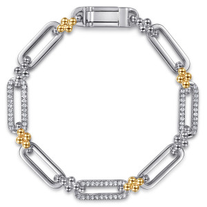 Gabriel & Co. TB5261-7MZJWS sterling silver and 14 karat yellow gold Bujukan bracelet, front view of plain and pave links around a polished box clasp