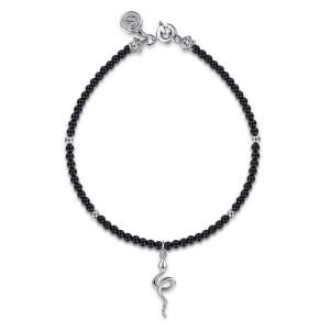 Gabriel & Co. TB5275SVJBS sterling silver Color bracelet, front view of the black bead strand with a snake charm hanging at the center
