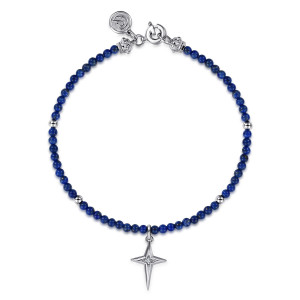 Gabriel & Co. TB5278LPSVJMC sterling silver Color bracelet, front view of the loop with deep blue beads, metal spacers, a spring ring and a cross charm