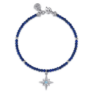 Gabriel & Co. TB5279LPSVJMC sterling silver Color bracelet, front view of deep blue beads with a star charm, a spring ring clasp and a maker's tag