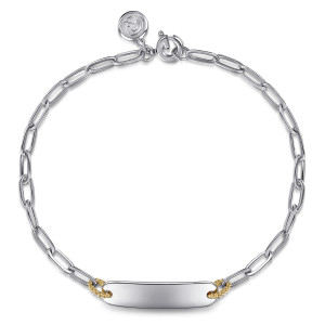 Gabriel & Co. TB5281MZJJJ sterling silver and 14 karat yellow gold Contemporary bracelet, front view of the paperclip chain in a loop, the flat bar at the bottom, a spring ring