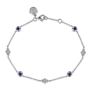 Gabriel & Co. TB5282SVJAM sterling silver Color bracelet, front view of purple bezel stones and beaded clovers on a fine chain with a lobster clasp
