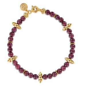 Gabriel & Co. TB5288Y4JPT 14 karat yellow gold Bujukan bracelet, front view of red beads with cone ended metal spacers and a spring ring clasp at the top