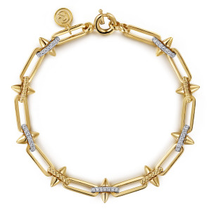 Gabriel & Co. TB5289M45JJ 14 karat white and yellow gold Bujukan bracelet, front view of a spiked paperclip chain with a spring ring and a maker's tag
