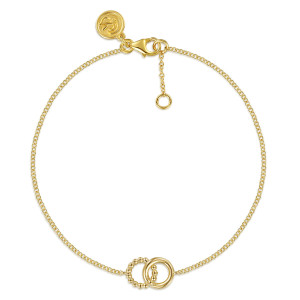 Gabriel & Co. TB5305Y4JJJ 14 karat yellow gold Bujukan bracelet, front view of a fine chain with a linked ring motif, a lobster clasp and an extender chain