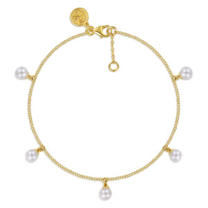 Gabriel & Co. TB5306Y4JPL 14 karat yellow gold Color bracelet, front view of dangling pearls on a fine chain with a lobster clasp and extender