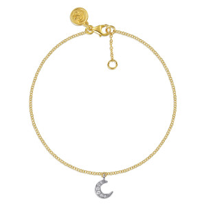 Gabriel & Co. TB5308M45JJ 14 karat white and yellow gold Lusso bracelet, front view of the fine chain with a crescent charm, lobster clasp and extender ring
