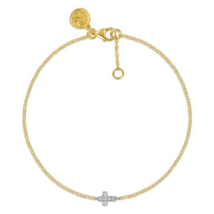 Gabriel & Co. TB5311M45JJ 14 karat white and yellow gold Lusso bracelet, front view of a pave cross on a fine chain with an extender chain and maker's tag