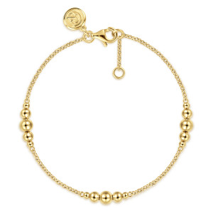 Gabriel & Co. TB5316Y4JJJ 14 karat yellow gold Bujukan bracelet, front view of bead clusters on a fine chain, with a lobster clasp, extender chain and maker's tag