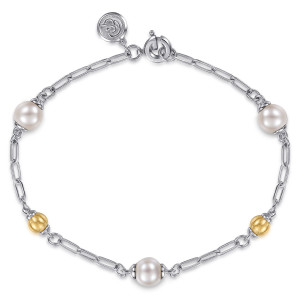 Gabriel & Co. TB5318-7MZJPB sterling silver and 14 karat yellow gold Bujukan bracelet, front view of pearls and warm metal beads on a link chain, with a spring ring clasp