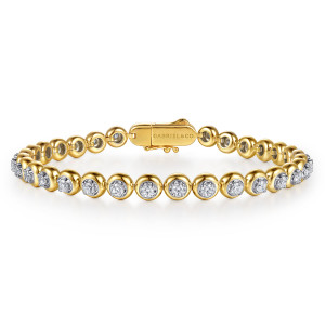 Gabriel & Co. TB5320M45JJ 14 karat white and yellow gold Contemporary bracelet, front view of the full tennis bracelet with domed rims and a box clasp at the top