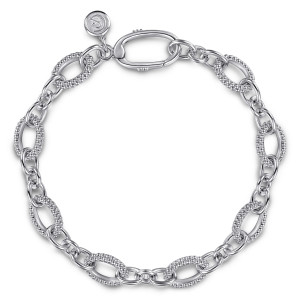 Gabriel & Co. TB5375-75SVJJJ sterling silver Bujukan bracelet, front view of the oval link chain in a loop, with an oval clasp ring and maker's tag