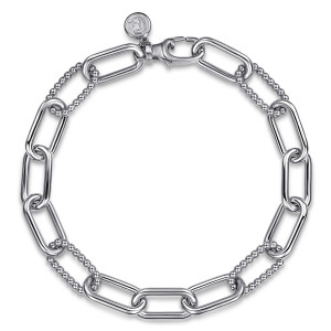 Gabriel & Co. TB5383-75SVJJJ sterling silver Bujukan bracelet, front view of polished paperclip links in a loop with beaded links and a lobster clasp