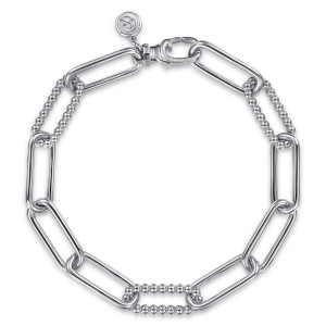 Gabriel & Co. TB5385-75SVJJJ sterling silver Bujukan bracelet, front view of a loop of elongated links with doubled bead strands and a lobster clasp
