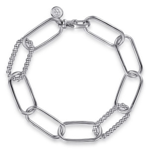 Gabriel & Co. TB5386-75SVJJJ sterling silver Bujukan bracelet, front view of the paperclip links in a loop, with beaded links and a lobster clasp