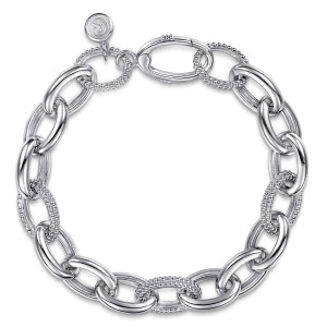 Gabriel & Co. TB5391-75SVJJJ sterling silver Bujukan bracelet, front view of glossy oval links and beaded links, with an oval clasp and a maker's tag