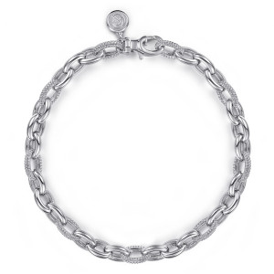Gabriel & Co. TB5392-75SVJJJ sterling silver Bujukan bracelet, front view of the loop with polished oval links, beaded links and a lobster clasp
