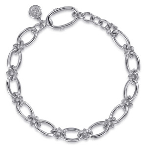 Gabriel & Co. TB5394-75SVJJJ sterling silver Bujukan bracelet, front view of open oval links, bead knots, an oval clasp ring and a maker's tag