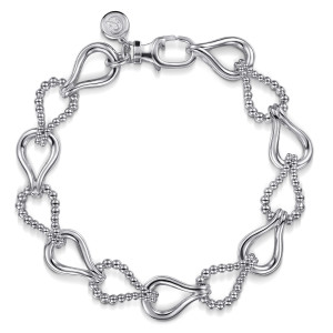 Gabriel & Co. TB5396SVJJJ sterling silver Bujukan bracelet, front view of smooth and beaded teardrop links in a loop with a swivel lobster clasp